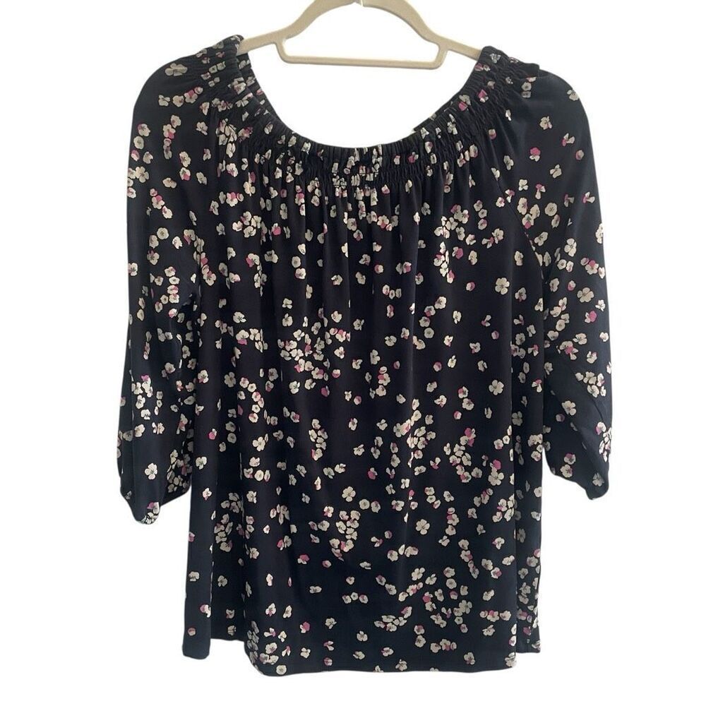 J Jill Wearever Navy Blue Floral Smocked Neck Top Women’s Sz Medium Jersey Knit